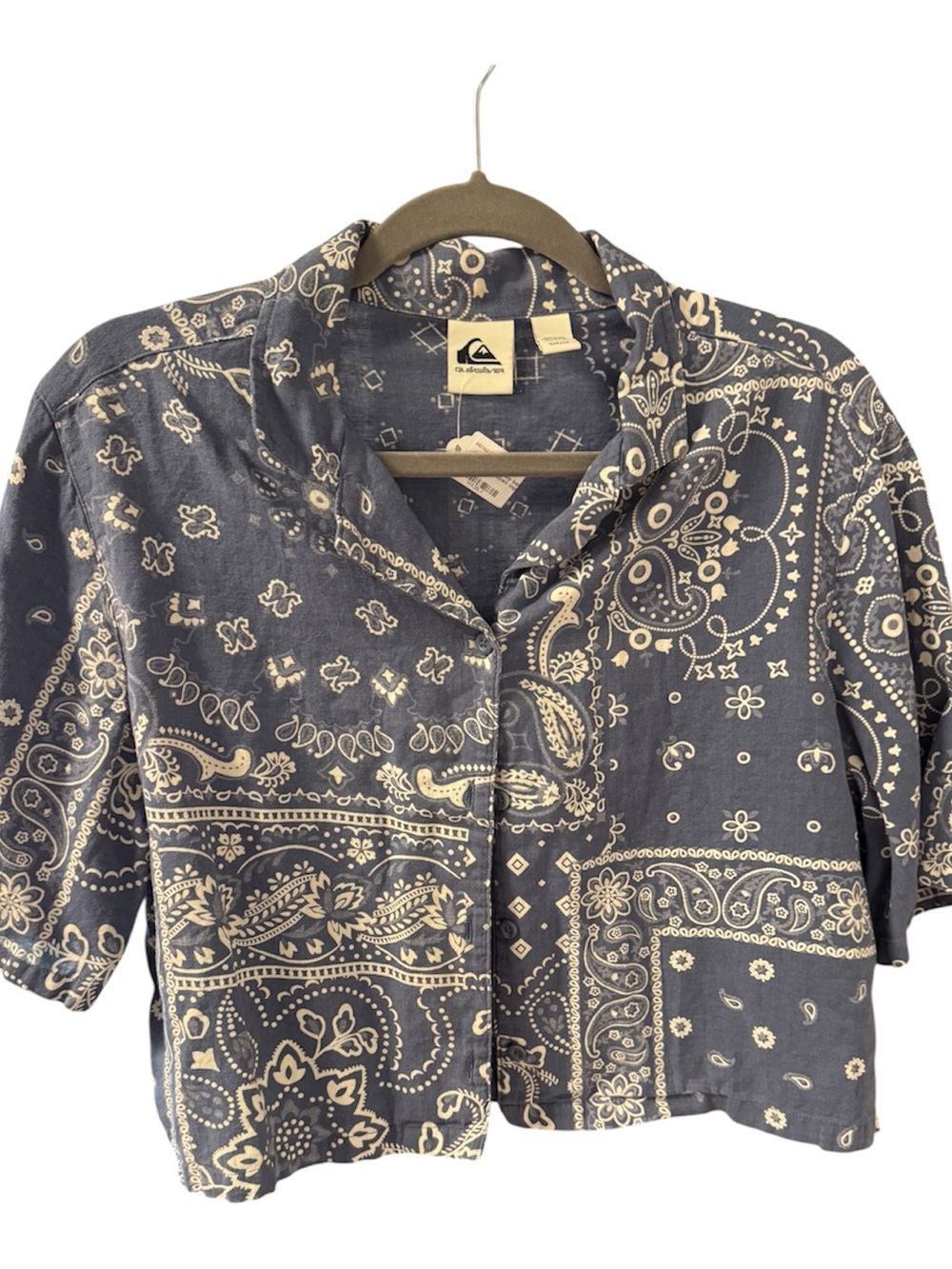 Quiksilver Navy and Cream Bandana-Print Short-Sleeve Button-Up Shirt